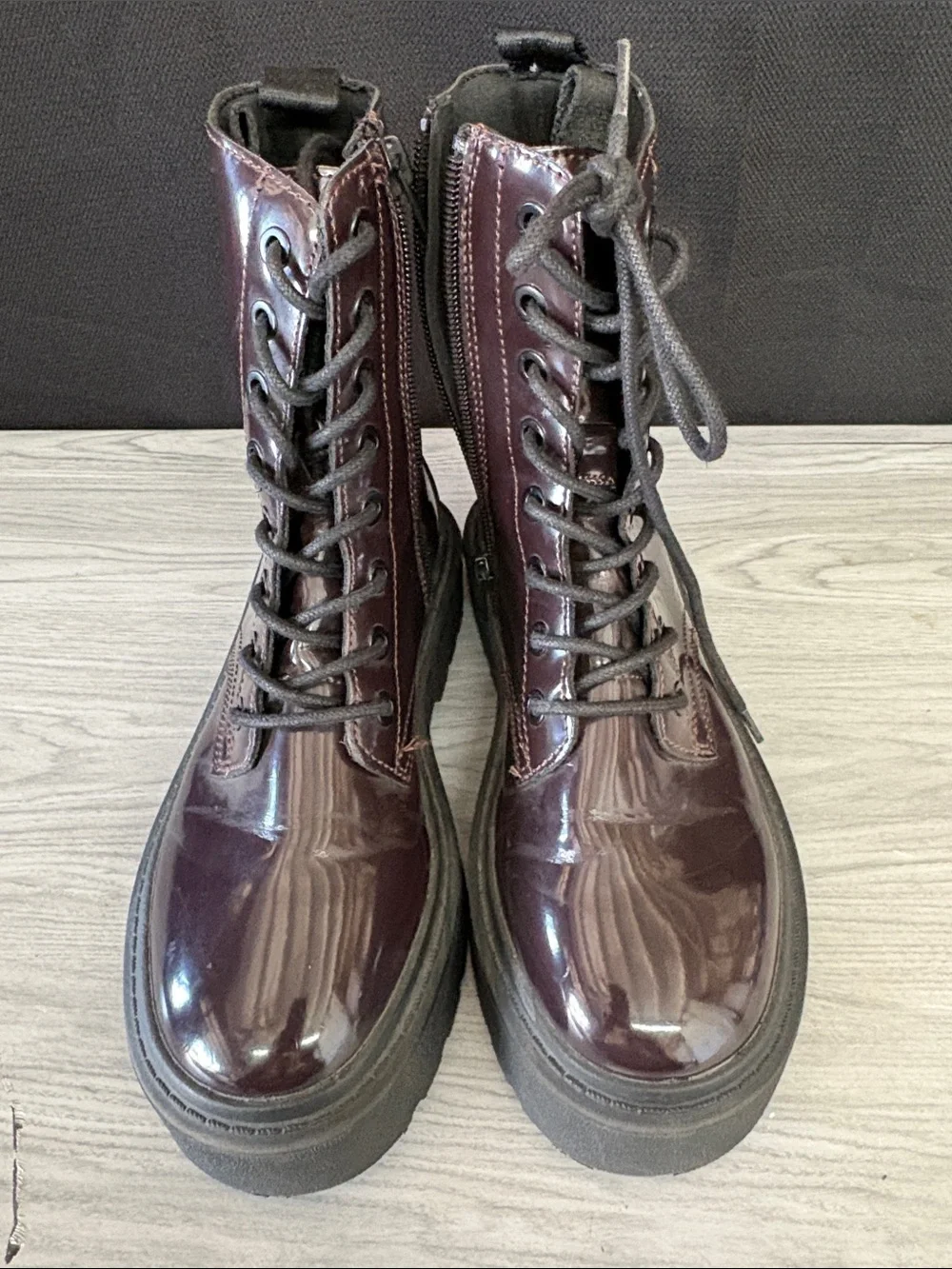 Zara Dark Burgundy Patent Lace-Up Kids Platform Boots